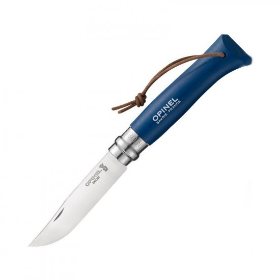 Нож складной Opinel №8 Trekking, нержавеющая сталь, кожаный темляк, синий