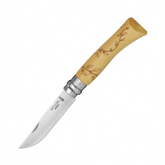 Нож складной Opinel №7 Nature, нержавеющая сталь, рукоять самшит, гравировка листья