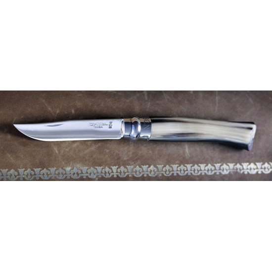 Нож складной Opinel №8, нерж., полированный клинок, рукоять светлый рог буйвола, дерев футляр